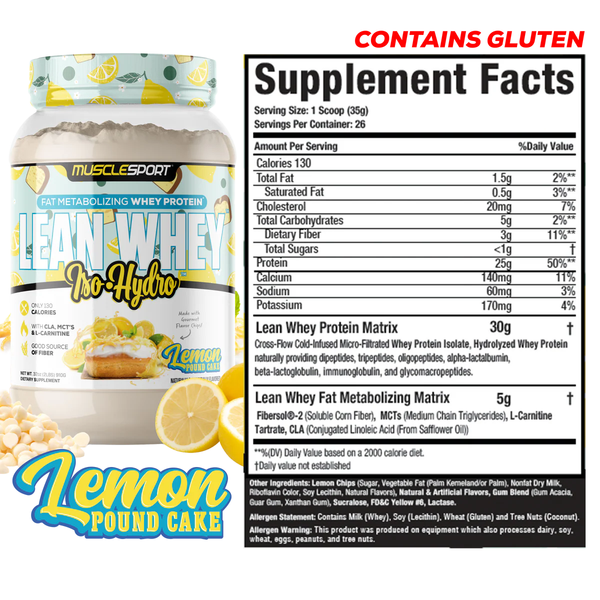 Lean Whey Iso Hydro Gourmet Protein 2LB Lemon Pound Cake