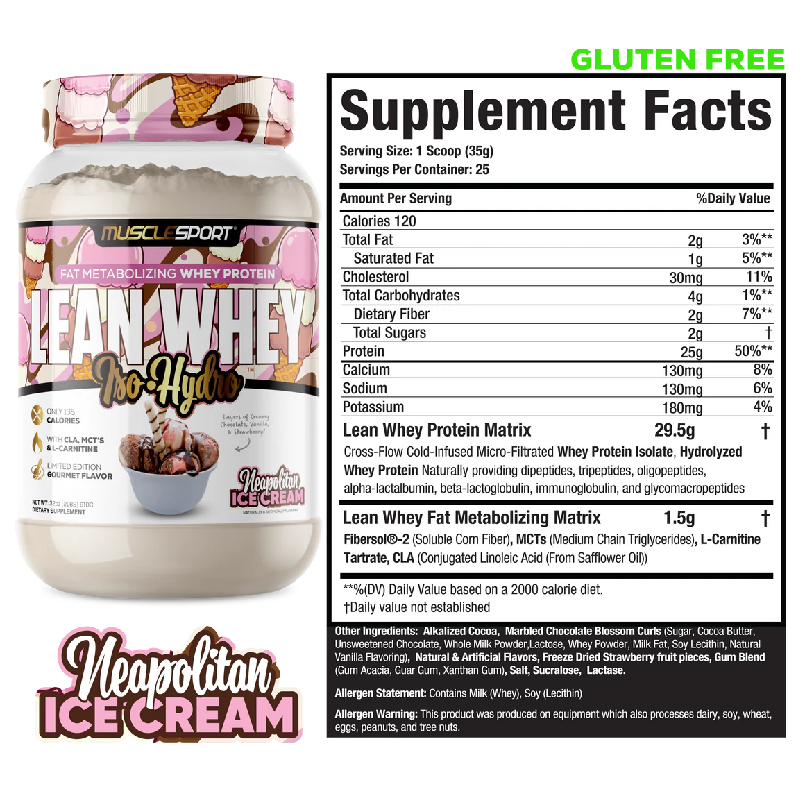 Lean Whey Iso Hydro Gourmet Protein 2LB Neopolitan Ice Cream Sundae