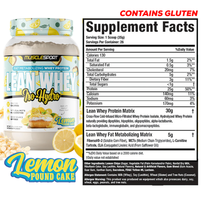 Lean Whey Iso Hydro Gourmet Protein 2LB Lemon Pound Cake