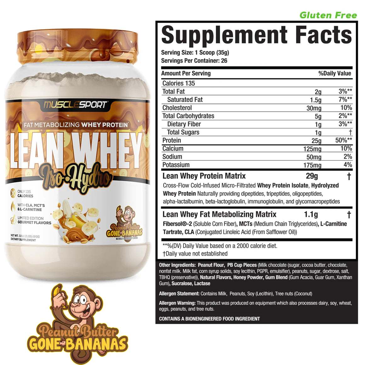 Lean Whey Iso Hydro Gourmet Protein 2LB Peanut Butter Gone Bananas